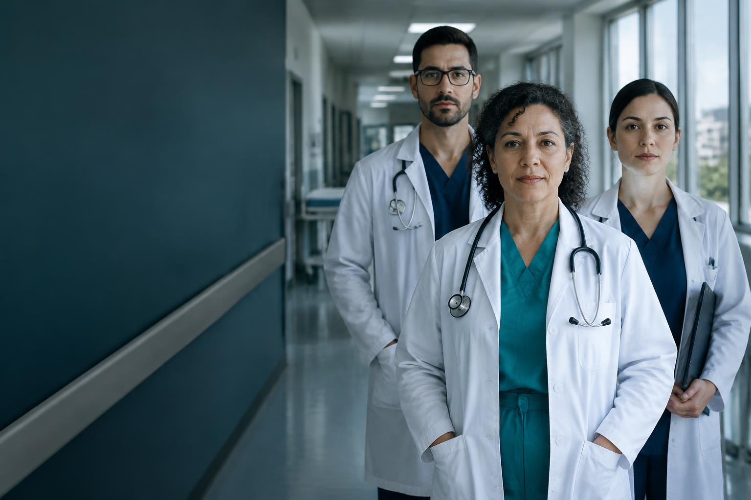 Médicos unidos em um ambiente hospitalar